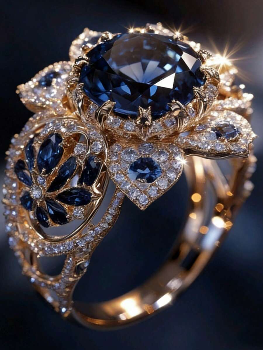 Vintage Floral Sapphire Statement Ring, 14K Gold‑Plated Hollow Flower Ring With Inlaid Dark Blue Gemstone & Sparkly Diamond Accent, Luxury Cocktail We - Gold - View 1