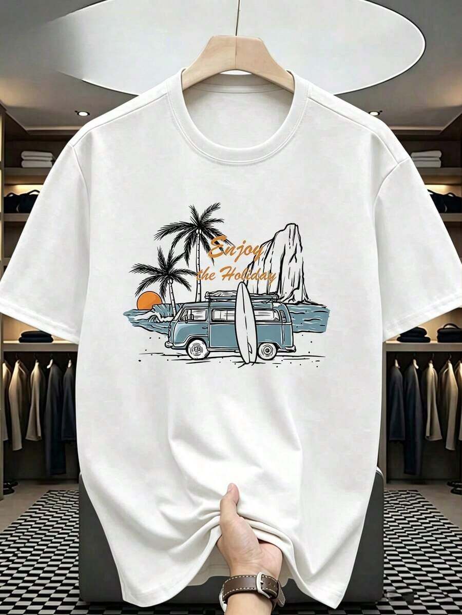 Playera Oversize Hombre Talla Grande "Furgoneta Surf Enjoy the Holiday" - Blanca con Estampado Veraniego Casual LTHD - Blanco - Ver 1