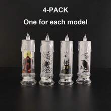 4 piezas de velas electrónicas LED brillantes de Halloween con base, luces decorativas de atmósfera de terror con araña, castillo, cuervo y bruja, luces decorativas para dormitorio, luces de noche para mesa de noche, accesorios para arreglo de escenas, velas electrónicas decorativas, velas brillantes de atmósfera de terror - Amarillo - Ver 3
