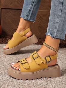 Women's Thick Sole Sandals, [1 Pair] Yellow Open Toe Back Strap Adjustable Double Buckle Design, Height-Increasing Comfortable For Vacation, Casual Outdoor Beach Shoes, Soft Sole Comfortable Daily Commute Platform Shoes - Yellow - View 4