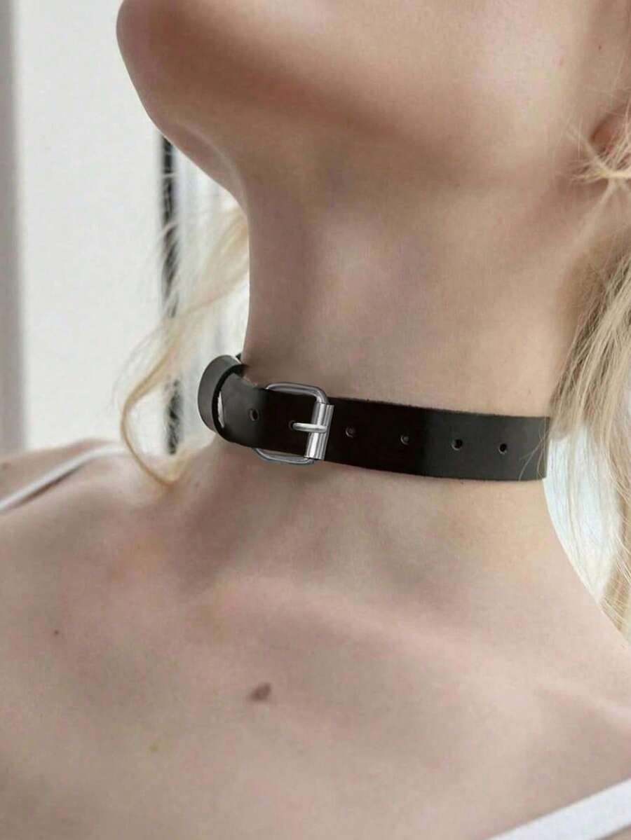 1件装女士性感朋克风颈链，哥特摇滚风格黑色PU皮革流苏铆钉项链，束缚铃铛派对饰品配饰 - 黑色 - 查看 1