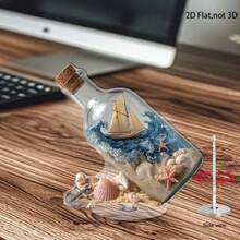 旋轉式 2D 壓克力航海裝飾品－玻璃感瓶身含船隻、錨、海星與貝殼，海洋主題底座－迷你海洋場景，適合桌面、層架、窗台－模型船裝飾 - A - 查看 5