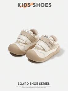 1 Pair Infant Toddler Solid Color Minimalist Embroidered Double Hook-And-Loop Closed-Toe Low-Top Flat Casual Sneakers For Daily Wear, Outings, School, Etc. [Select By Actual Inner Length In Cm] - Khaki - View 3