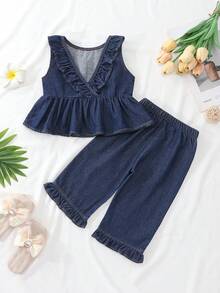 Baby Girl Summer Set - Sleeveless Tank Top With Single Layer Ruffle Collar Design, Fashionable Elegant Denim Top Paired With Lace Versatile Casual Washed Denim Pants Set, Suitable For Summer Travel, Beach Outings Or Daily Wear - Dark Wash - View 2