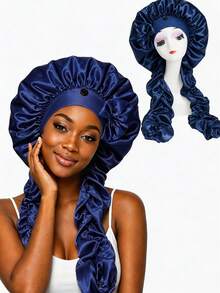 CONFLASS Cute Bow Decor Large Silk Night Cap, With Pleated Long Shoulder Strap, Women's Hair Protection Cap, Adjustable Button Satin Hair Cap, Long Drawstring Anti-Frizz Sleep Cap, Suitable For Braided Hair, Luxurious High-End Silky Satin Night Hair Cap - Multicolor - View 3