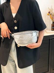 壓紋純色油皮 PU 鏈條裝飾女款腰包，斜跨胸包，時尚 PU 餃子包 - 銀色 - 查看 7