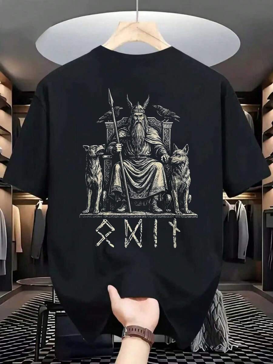 Nueva Camiseta de Manga Corta Estampada para Hombres, Moda para Citas, Mitología Nórdica Odín, Estilo Clásico Americano Simple y Versátil - Negro - Ver 1