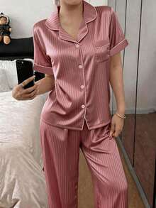 Dreamivo Casual Home Wear Women's Pajama Set Comfortable Minimalist Striped Print Style Suitable For Spring And Summer - Rusty Rose - View 3