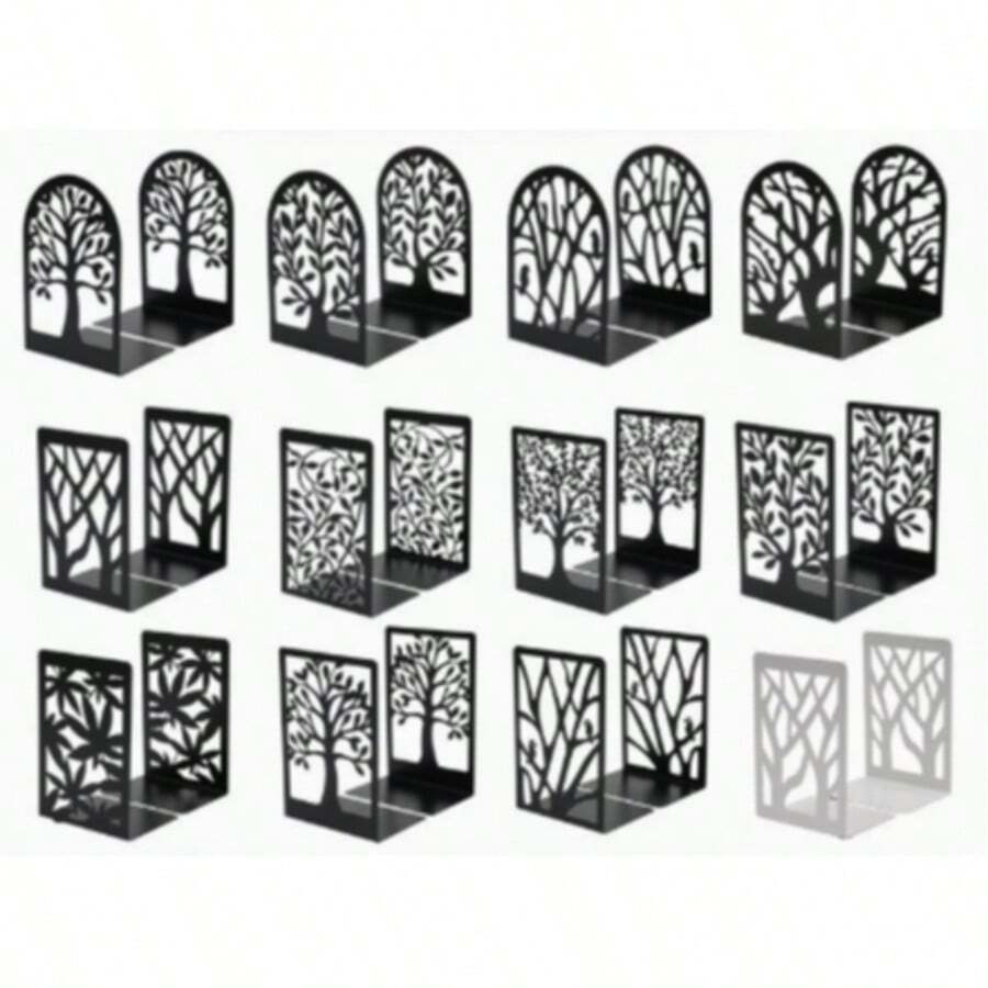 Black Metal Bookends Tree Of Life, Desktop Book Organizer, Bookshelf Book Holder, Non-Slip Book Stoppers, Office & Home Decor Rack