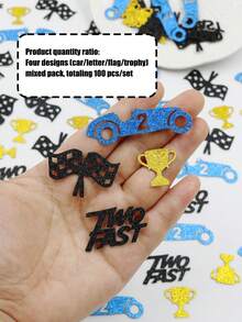 100 piezas Confeti de mesa para fiesta de 2º cumpleaños Two Fast Racing, número 2 rojo, coche de carreras, bandera a cuadros y trofeo, decoración dispersa adecuada para la decoración de la fiesta Two Fast Racing para niños - Azul Negro - Ver 3