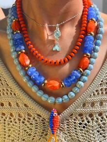 4-1pc Beach Vacation Style Elegant Casual Shiny Versatile Unique Personalized Exquisite Small Fish Rice Bead Resin Ceramic Beaded Necklace Set For Women Daily Wear Holiday Party Jewelry - Multicolor - View 1