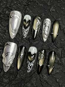 10 Peças Conjunto de Arte de Unhas Vintage de Luxo Feito à Mão, Unhas Postiças Usáveis, Arte de Unhas Y2K, Ferramentas de Unhas, Conjunto de Unhas, Acessórios de Unhas, Decoração de Unhas, Arte de Unhas de Verão, Arte de Unhas, Presente para Mulheres, Adequado para Uso Diário e Festas de Meninas e Mulheres, Unhas Postiças Feitas à Mão - Multicolorido - Visão 2
