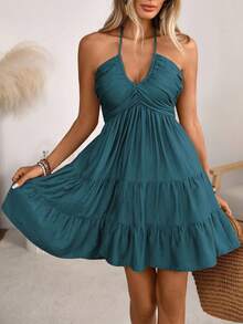 Women's Halter V-Neck Mini Dress, Ruched And Layered, Sleeveless, Ideal For Beach Vacations, Casual Daily Wear And Outdoor Picnic Outfits. - 孔雀藍 - 查看 5