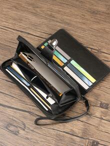 HOVI'S Cartera de hombre con correa larga para la muñeca - PU texturizado negro, múltiples ranuras para tarjetas, compartimento para teléfono, cierre con cremallera y broche, gran capacidad - Negro - Ver 9