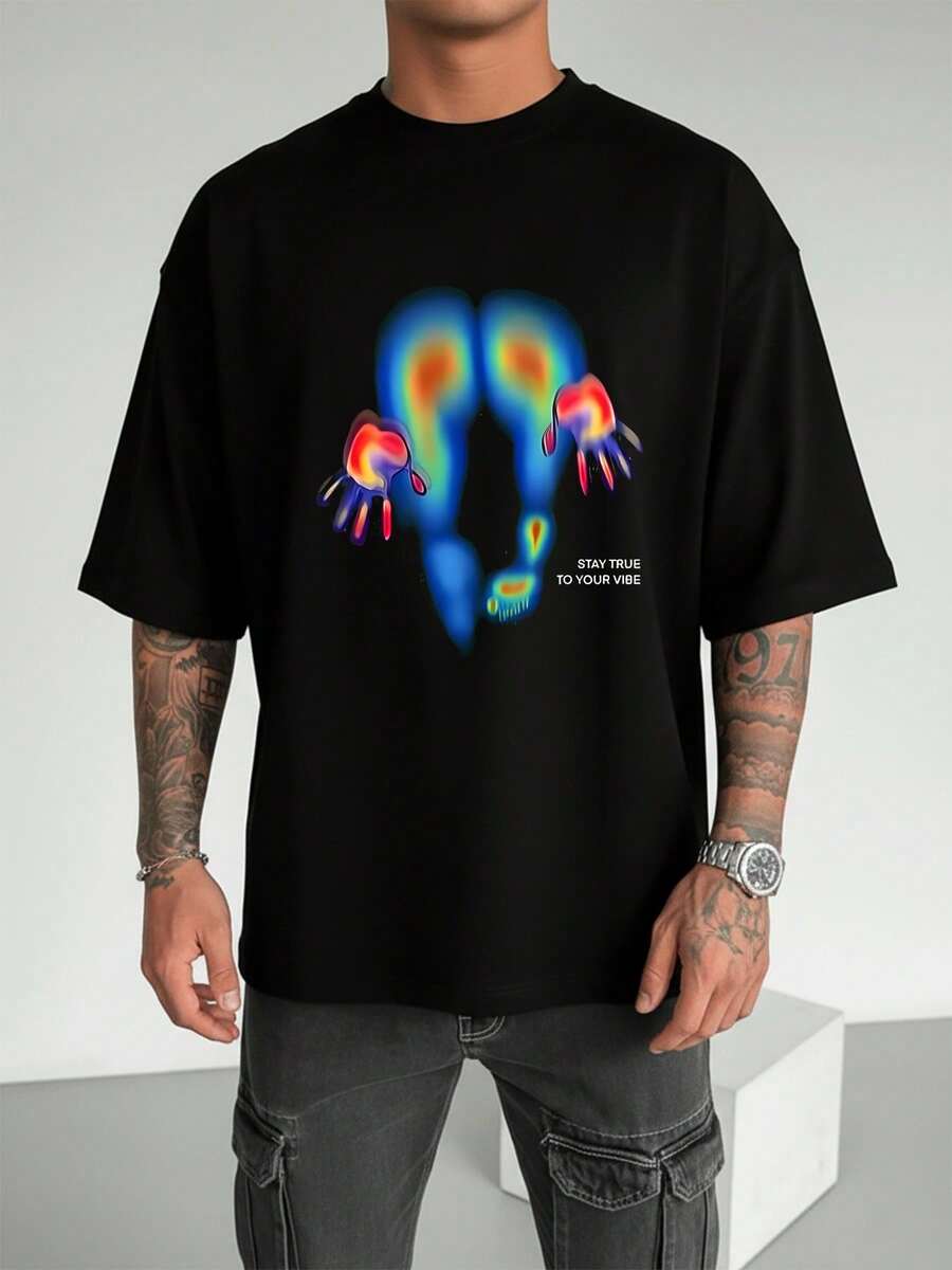 1 Unit Men's T-Shirt With Rainbow Thermal Handprint Print And "Stay True" Phrase, Short Sleeve, Cotton, Urban Fashion, Casual Youth T-Shirt - 黑色 - 查看 1