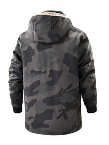 Men's Winter Thickened Thermal Lined Fur Coat, Detachable Hood Camouflage Jacket - Grey - View 3
