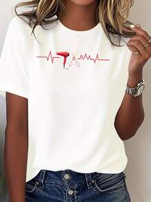 NEW Women's "Hair Stylist Heartbeat Cut Art" T-Shirt, For Everyday Wear, Modern Print, Comfortable Fabric, Casual Style - Unisex Cotton T-Shirt, Short Sleeve, Round Neck, Vin Style - 白色 - 查看 1