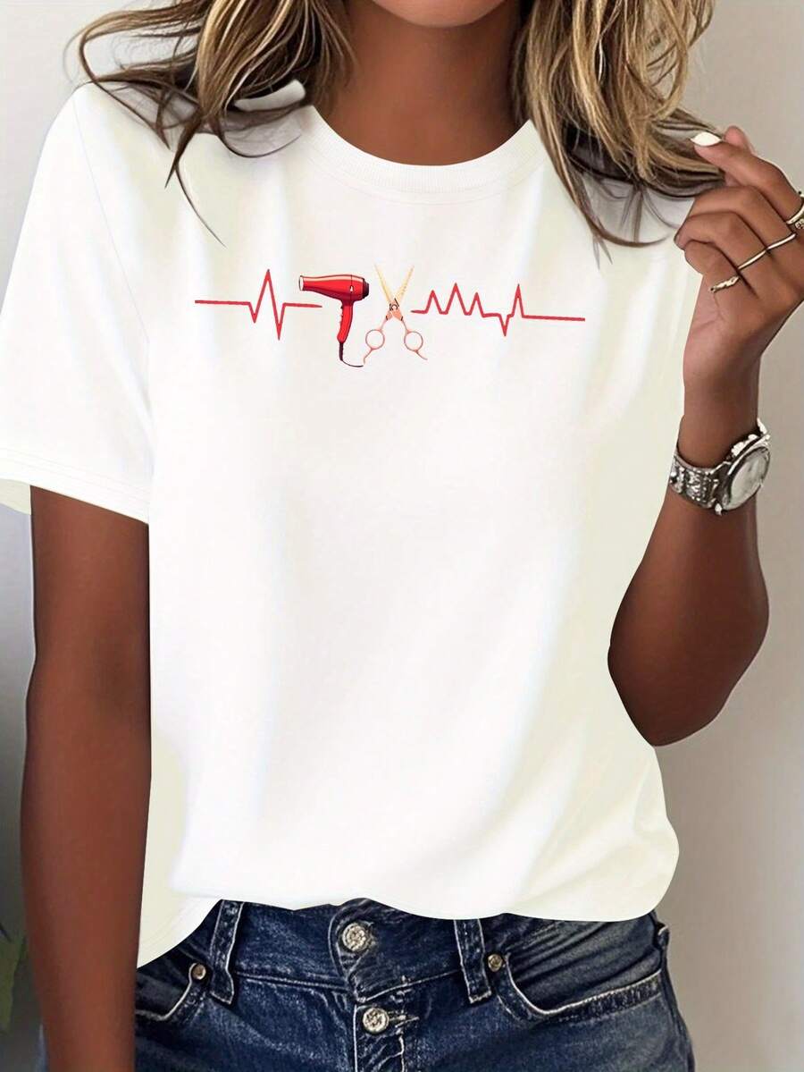 NEW Women's "Hair Stylist Heartbeat Cut Art" T-Shirt, For Everyday Wear, Modern Print, Comfortable Fabric, Casual Style - Unisex Cotton T-Shirt, Short Sleeve, Round Neck, Vin Style - 白色 - 查看 1