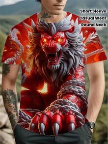 Men's Short-Sleeved T-Shirt, Size, With 3D Digital Dragon Print, Round Neck, Loose Fit, Casual, For Summer. - Hitam dan Putih - View 5