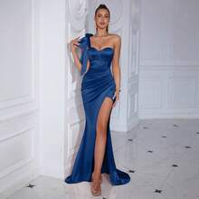 New Sexy Long Evening Dress With Slit And Off-The-Shoulder Design, Solid Color, For Cross-Border Fashion. - White - View 4