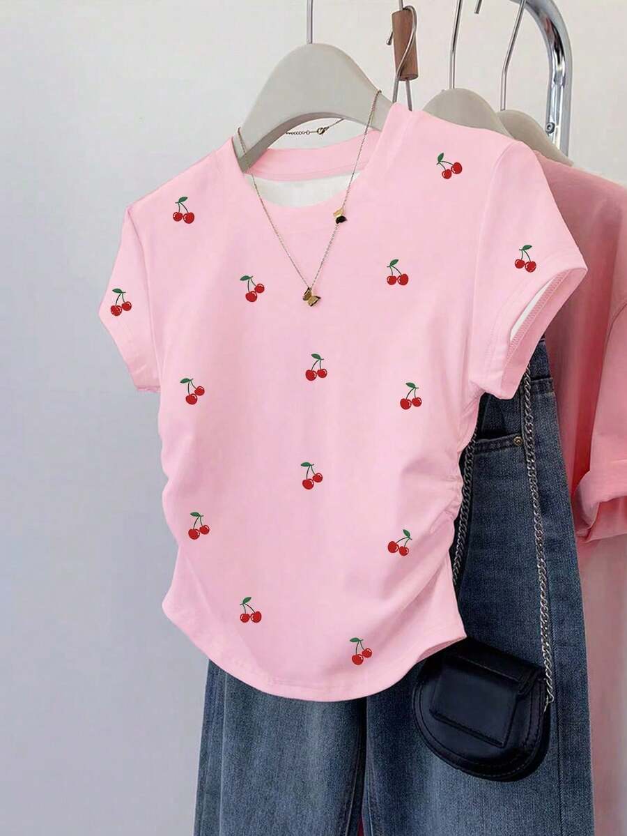 Resyla Versatile Short Sleeve Blouse With Gathered Waist, All-Over Cherry Print, For Summer - Rosa 3 - View 1