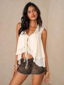 Camisa casual con volantes y decoración en color albaricoque, estilo de ocio de resort de playa, camisa elegante y encantadora de mujer con d - Rosa - Ver 5