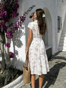 Summer Fashion Ditsy Floral All-Over Small Flower Bohemian Vacation Cap Sleeve Design Shirt Collar Women's Summer Dress (Includes Belt) Elegant - Multicolor - View 2
