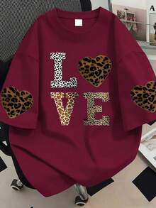 Camiseta de manga corta con cuello redondo y estampado de leopardo y letras para mujer de talla, adecuada para vacaciones de verano, playa, días festivos, primavera, Día de San Valent - Burdeos - Ver 1