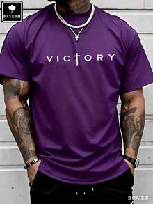 Men's Fashionable Short Sleeve T-Shirt PAYEAH Men's Letter Print T-Shirt, Crew Neck, Short Sleeve, Summer T-Shirts, 100% Comfortable Cotton - 紫色 - 查看 1