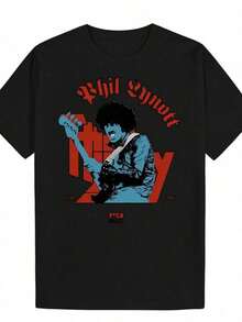 Camiseta de Hombre en Homenaje a Phil Lynott - Camiseta con Retrato y Firma de Phil Lynott - Camiseta Ligera de Música Retro para Conciertos, Uso Casual - Lavable a Máquina, Corte Holgado - - Negro - Ver 1