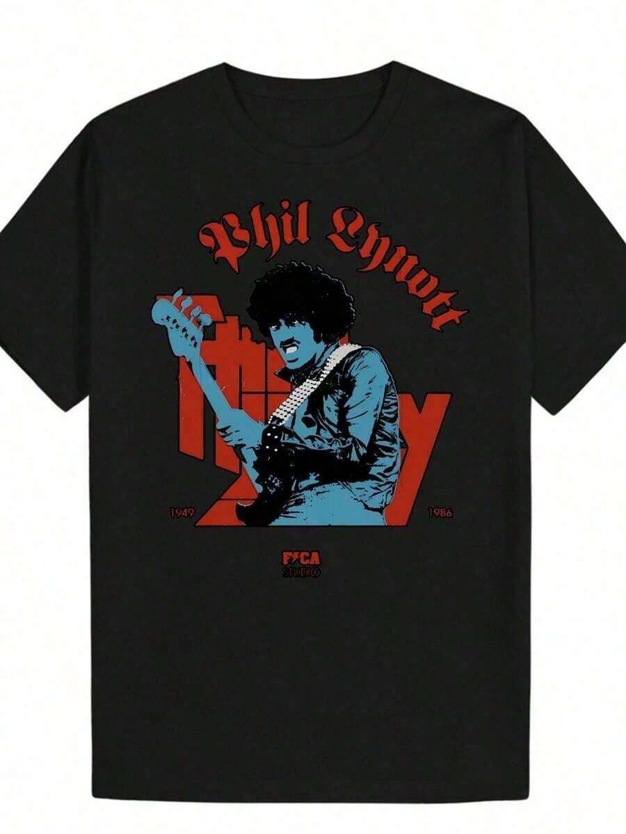 Camiseta de Hombre en Homenaje a Phil Lynott - Camiseta con Retrato y Firma de Phil Lynott - Camiseta Ligera de Música Retro para Conciertos, Uso Casual - Lavable a Máquina, Corte Holgado - - Negro - Ver 1