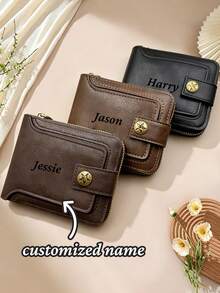 1pc Personalized Men's Wallet With Customizable Name, Vintage Style, Suitable As Groomsman, Anniversary, Father's Day, Retirement And Christmas Gift, Vintage Faux Leather Men's Wallet, Multi-Card Slots, Zipper Closure, Suitable For Father's Day, Thanksgiving Gift - Multicolor - View 1