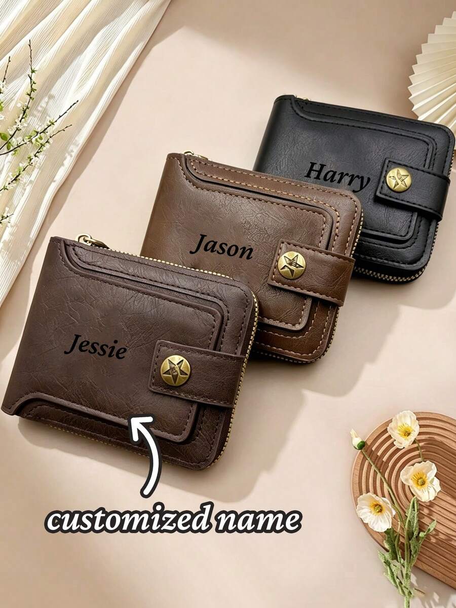 1pc Personalized Men's Wallet With Customizable Name, Vintage Style, Suitable As Groomsman, Anniversary, Father's Day, Retirement And Christmas Gift, Vintage Faux Leather Men's Wallet, Multi-Card Slots, Zipper Closure, Suitable For Father's Day, Thanksgiving Gift - Multicolor - View 1