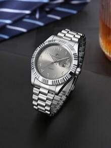 RICECGO Men's Stainless Steel Band Quartz Watch, Minimalist Business Style, Perfect Gift For Any Occasion - Silver - View 4