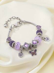 1pc Elegant Purple Square Heart Beaded Butterfly Pendant Bracelet For Teenagers, Daily Wear - Multicolor - View 4