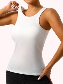 1 pieza Top de tirantes acanalado 2 en 1 con copas integradas, chaleco casual de primavera/verano - Blanco - Ver 5