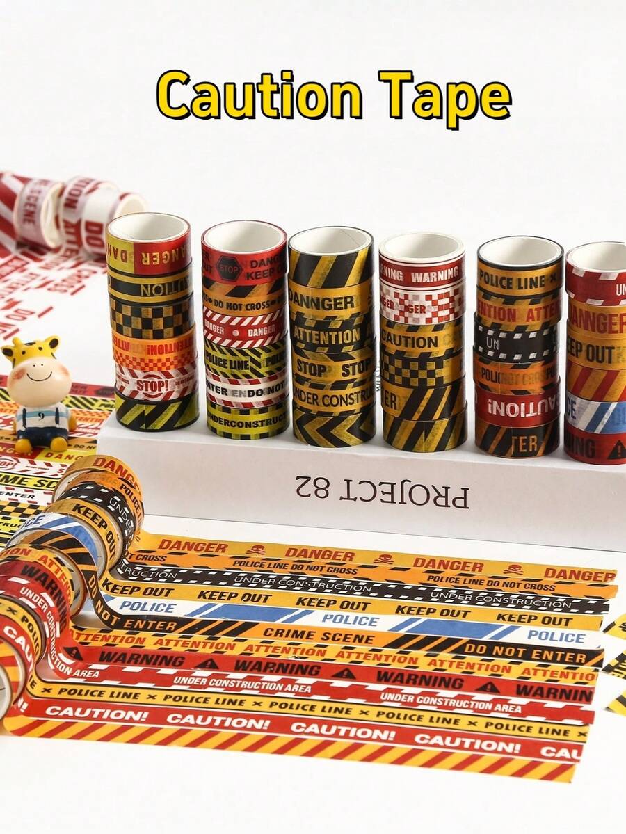 12rolls Warning Washi Tape Set, Black & Yellow Barrier Pattern Decorative Tape, Versatile For Journal, Label Marking And Handmade Crafts - Multicolor - View 1