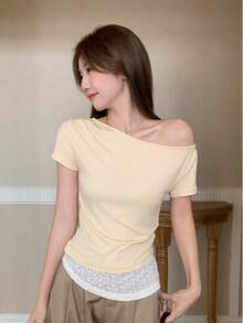 Women's 2-In-1 Asymmetric Shoulder Short Sleeve T-Shirt, Summer New Lace Patchwork Hem Slim Fit Top Yellow - Yellow - View 9