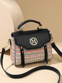 Retro Minimalist Printed Crossbody Bag With Adjustable PU Strap, Flap Closure, New Year - Hot Pink - View 1