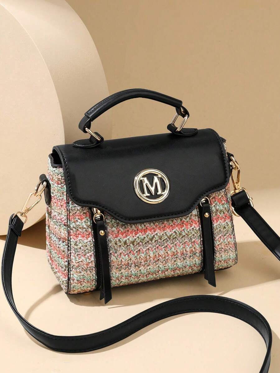 Retro Minimalist Printed Crossbody Bag With Adjustable PU Strap, Flap Closure, New Year - Hot Pink - View 1