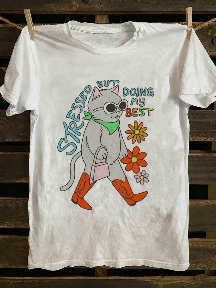 Women's Short-Sleeved Crew Neck T-Shirt With Western Style Cowboy Boots And Cat Print, Featuring The Slogan "Floral Stressed But Doing My Best", Casual For Summer. - 白色 - 查看 1
