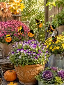 Vintage Halloween Garden Stakes, Pumpkin Lantern Witch Black Cat Yard Decor Signs, Waterproof Halloween Flower Pot Stakes, Suitable For Outdoor Lawn Patio Flower Pot Porch Halloween Party Decoration - Multicolor - View 5