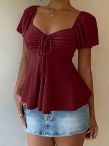 Women's T-Shirt, Modern And Elegant, New For Spring/Summer, Y2K Style, Solid Color, Jacquard, Comfortable And Breathable, With V-Neck, Adjustable Drawstring And Short Sleeves - 酒紅色 - 查看 8
