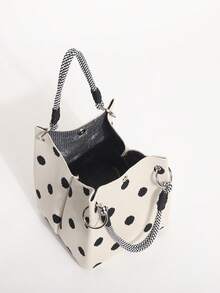 1pc Black & White Contrast Polka Dot Women's Handbag, Woven Fabric Bucket Bag With Round Ring Braided Handle, Suitable For Outing, Shopping Or Commuting (Handle Needs Self-Assembly) - Black and White - View 9