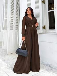 Elegante Macacão Feminino Manga Longa Soltinho Com Cinto Tule Forrado - Marrom - Visão 2