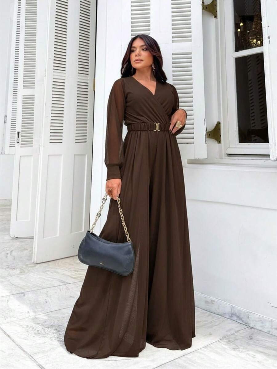 Elegante Macacão Feminino Manga Longa Soltinho Com Cinto Tule Forrado