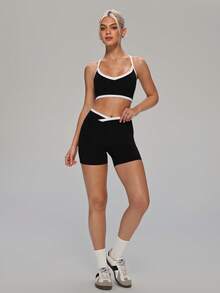 MASKERT Women 2pcs V Neck Crisscross Back Bra & High Waist Shorts Set Yoga Set Workout Set Gym Set 2 Pieces Set Training Tennis Outdoor Activewear Set - Black - View 8