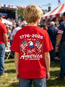 Camiseta para niño con la bandera estadounidense y la águila calva para el 250º aniversario (1776-2026) – 250º aniversario de la independencia, camiseta holgada con estampado de águila, idea - Rojo - Ver 2