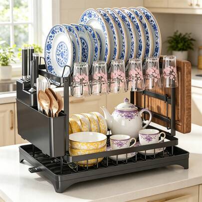 2 Tier Dish Drying Rack With Chopsticks & Chopping Board Holder, Space Saving Kitchen Organizer – Rust Resistant Countertop Drainer For Plates, Cups, Bowls