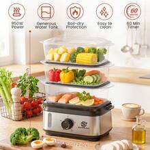 SUPERLEX 3-Tier Electric Food Steamer With 950W High-Power Fast Cooking, 9.6QT Large Capacity Multi-Tier Steamer For Family Dinners, Boil-Dry Protection, Dishwasher , 60-Min Timer, Stainless Steel White Steamer For Seafood, Vegetables, Chicken, Fish, Rice - View 3